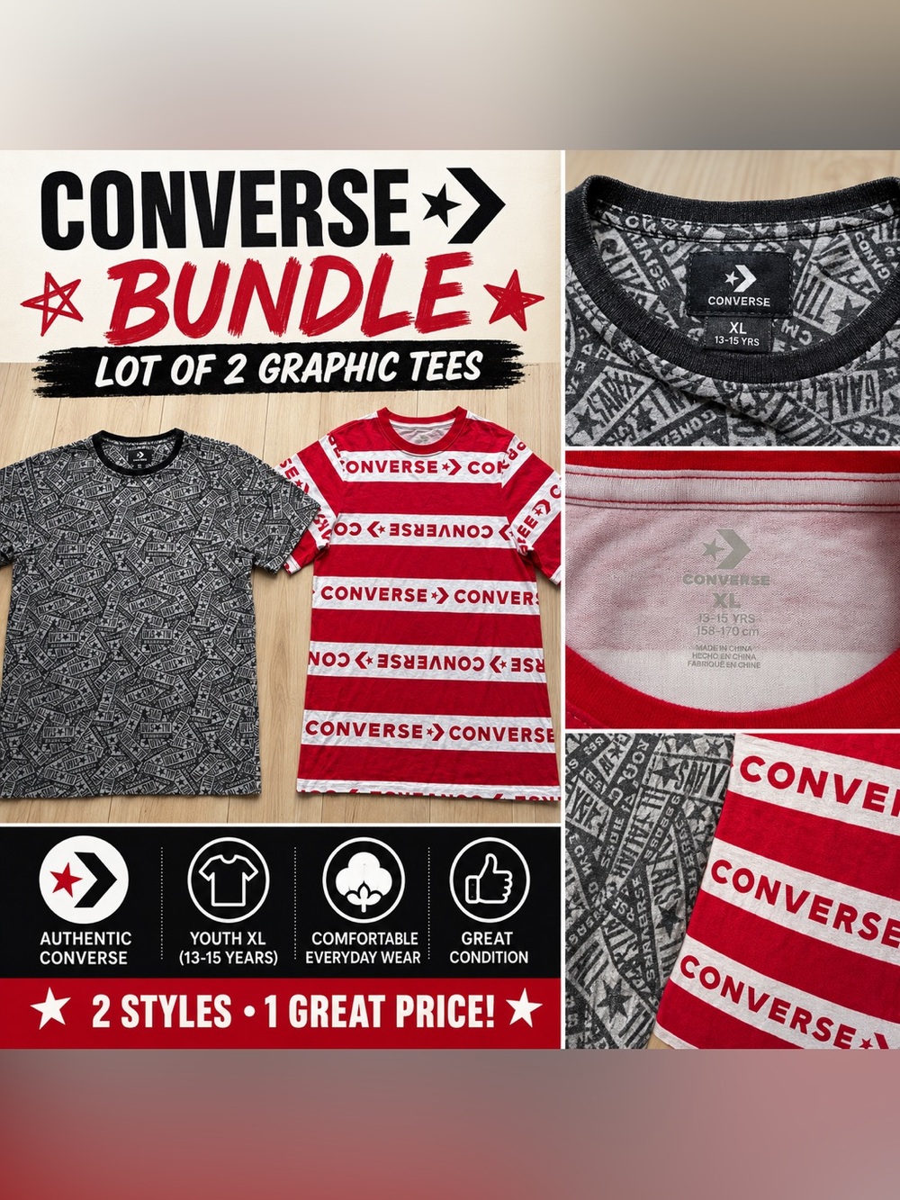 Converse Graphic T-Shirt Bundle Lot of 2 Youth XL 13-15 Years Logo Print Stripe